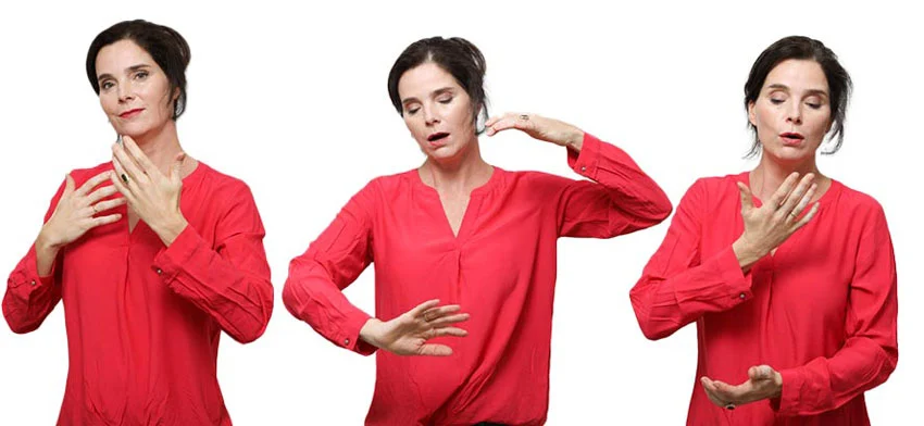 eva-berner-klemt-sprechatelier-atemtraining-sprechatelier-wien Eva Berner-Klemt ist dreimal in einem roten Shirt abgebildet und zweigt Übungen vor